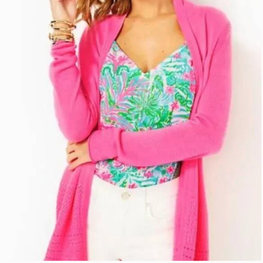 Lilly Pulitzer Noble Fringe Cardigan Deep Prosecco Pink - Picture 5 of 17